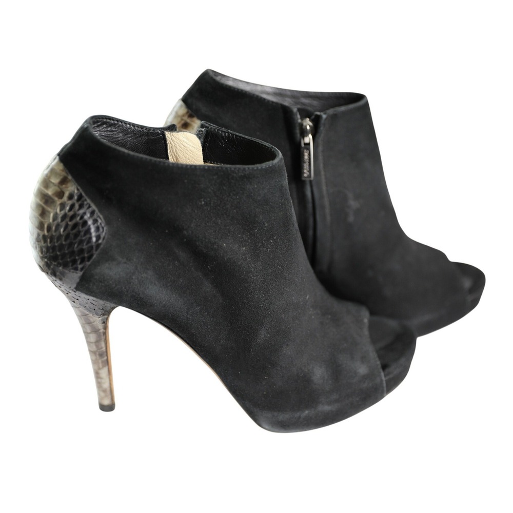 Jimmy Choo Black Suede Peep Toe Ankle Boots Snakeskin‎ Heel Platform 38 Italy